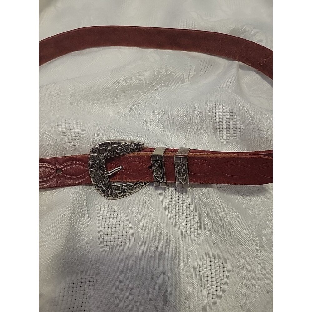 Milor Womens Western Tooled Leather Belt Silver Buckle Medium Large Red